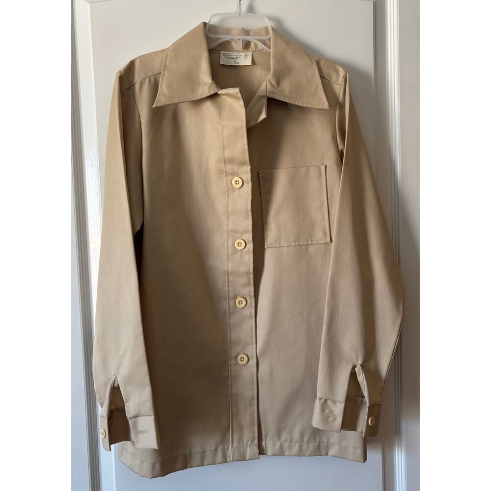 Vintage 60s Sears Women’s Tan Poly Cotton Button Work Shirt Long Sleeve NWOT